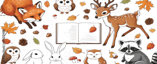 Cute Woodland Animals Collection with Fox Deer Raccoon Owl Rabbit and Autumn Leaves Forest Storybook Vector Illustration Set