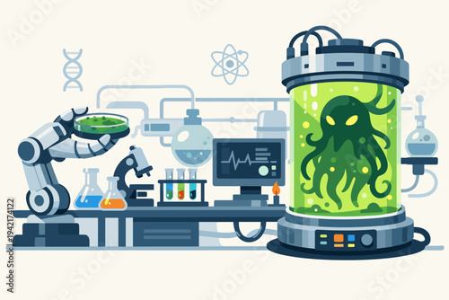 Futuristic science laboratory vector illustration with a robotic arm holding a petri dish and a large glass capsule containing a mysterious tentacled monster for genetic bio experiments.