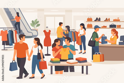 Vibrant flat vector illustration of a busy clothing store in a shopping mall with diverse customers browsing apparel racks, holding shopping bags, and paying at the checkout counter with a cashier.