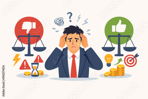 Stressed Businessman Making a Difficult Decision Weighing Pros and Cons with Scales, Risk vs Reward Concept with Symbols of Time Pressure, Financial Gain, Success, and Strategic Planning Vector.