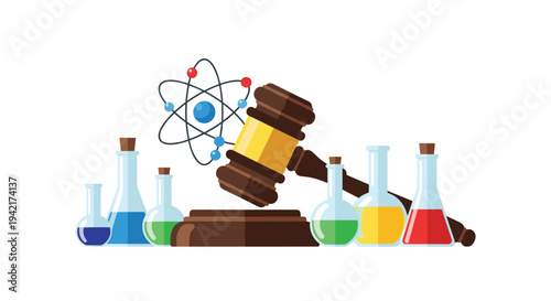 A judge's gavel with an atom model above it is surrounded by six laboratory flasks containing various brightly colored liquids.