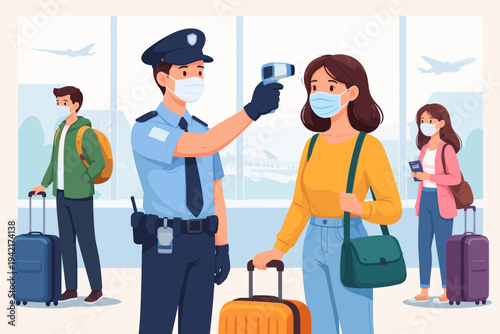 Vector Illustration of a Security Officer in Uniform and Face Mask Checking Body Temperature of Passengers with an Infrared Thermometer at an Airport Terminal During a Pandemic Health Screening.
