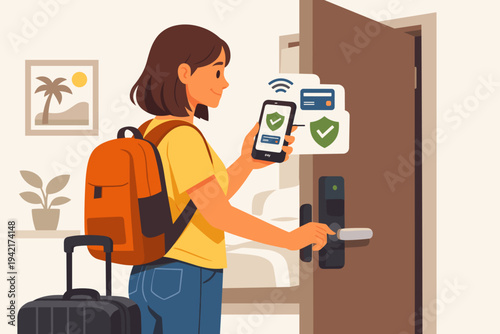 Vector illustration of a young female traveler with a backpack and suitcase unlocking a hotel room door using a smartphone app for contactless payment and secure digital access technology.