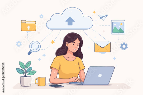Young woman working on laptop computer using cloud services for data storage and file management. Flat vector illustration of female professional uploading documents and photos to cloud server.