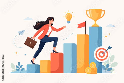 Ambitious young businesswoman climbing a bar chart staircase towards a trophy and lightbulb, representing career growth, success, goal achievement, and creative ideas in a flat vector style.