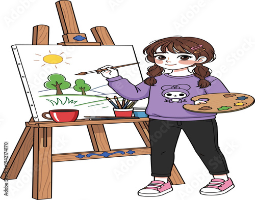 Cute young girl painting landscape on easel with palette and art supplies vector illustration