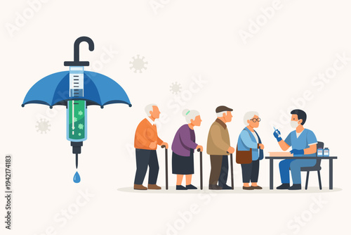Vector illustration of an umbrella-shaped syringe representing protection with vaccine for COVID-19 and a group of elderly people waiting in line to get vaccinated by a healthcare professional.