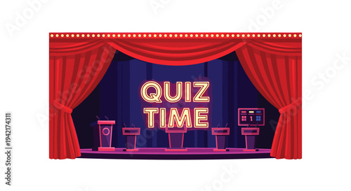 A vibrant stage setup with four podiums and a scoreboard is illuminated by a glowing QUIZ TIME sign against a dark blue backdrop.