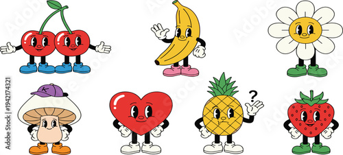 Fun and Colorful Vector Icons of Playful Fruits, Flowers, and Mushrooms Banana, Pineapple, Cherry, Heart, and More