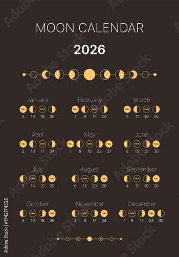 Lunar cycle planner for 2026. Lunar Phase Yearly Cycle Planner. Astrological planner, lunar cycles banner, poster, card. Astrology Lunar chart isolated on a black background.