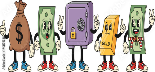 Fun and Playful Vector Money Icons Bag of Money, Dollar Bills, Safe, Gold Bar, and More with Cute Faces