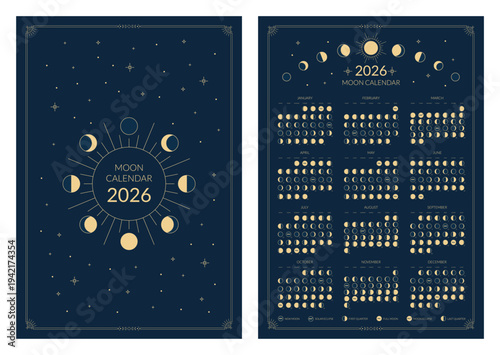 Design template for the full cycle of moon phases for 2026, moonlight activity phases. Astrology, astronomical lunar shadow, full cycle from new to full moon calendar banner, map vector illustration