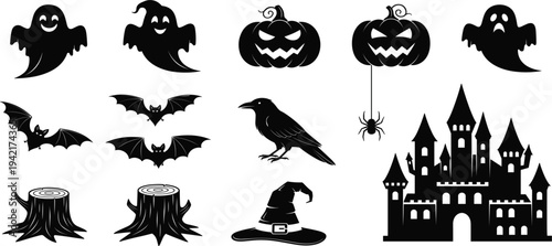 Halloween silhouette collection with ghost pumpkin bat crow spider witch hat castle and spooky elements vector se