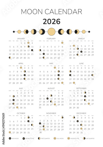 2026 year lunar calendar, monthly lunar cycle planner template. Astrological lunar phase schedule and cycles banner, card, poster Boho vector illustration