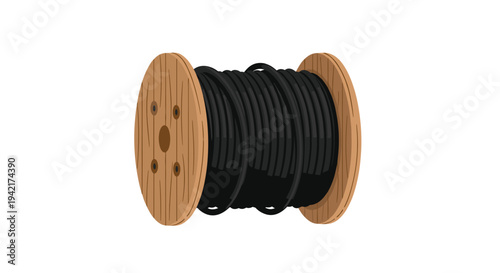 A robust wooden spool with visible grain is densely wrapped with black coiled cable, presented at a slight angle on a stark white background.