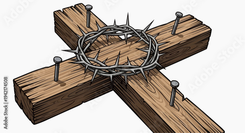 Vector illustration of a crown of thorns on a wooden cross with nails