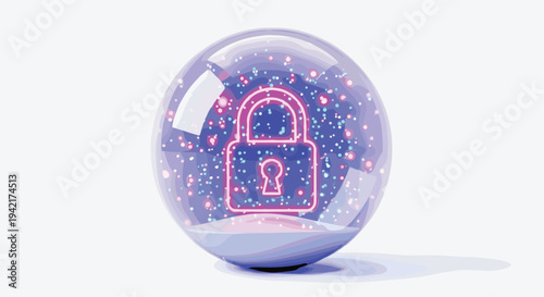 A clear reflective glass orb with a light blue base displays a vibrant glowing pink neon padlock outline amidst twinkling blue and magenta lights.