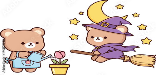 Cartoon Style Bears in Fun Activities: One Watering a Plant and the Other Flying on a Broomstick as a Witch