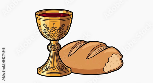 Vector illustration of a golden chalice with wine and a loaf of bread
