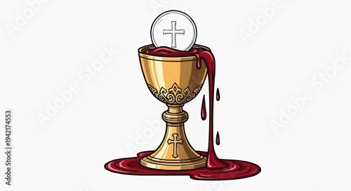 A gold chalice with red liquid and a cross