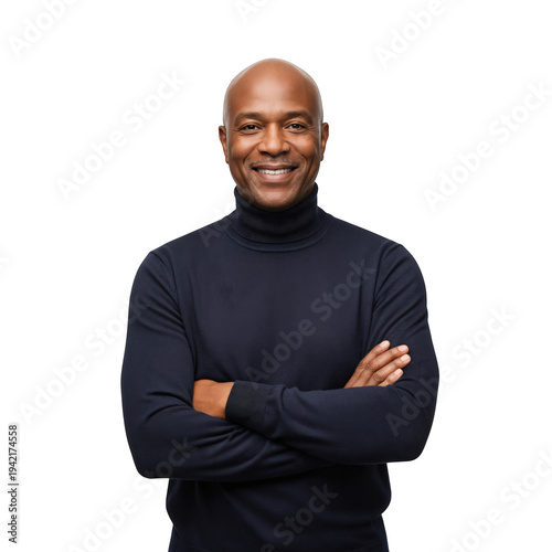 Confident African American Male Executive in Navy Turtleneck, Professional Portrait