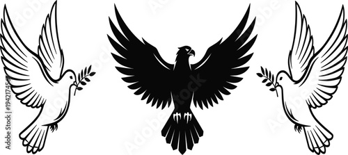 Peace Dove and Eagle Silhouette Set with Spread Wings Olive Branch Symbol Vector Illustration Collection
