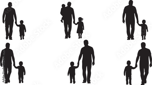Silhouettes of parents and children walking together happily outdoors