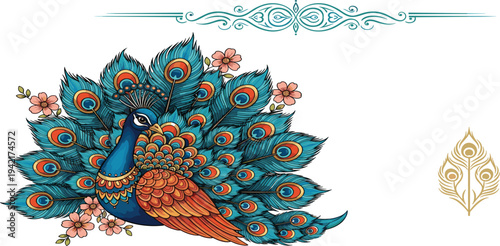 Ornate Peacock with Floral Elements Vector Illustration Decorative Vintage Bird Design with Feather Emblem Collection