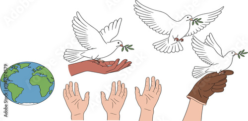 Peace Dove with Olive Branch Flying and Sitting on Hands Global Unity Symbol Vector Illustration Collection