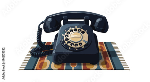 A classic black rotary telephone with a coiled cord rests centrally on a vibrant, striped retro rug against a clean white background.