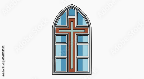 A stained glass church window with a cross