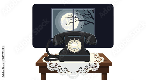 A vintage black rotary telephone sits on a wooden table with a lace doily, positioned before a window revealing a full moon and tree branches at night.