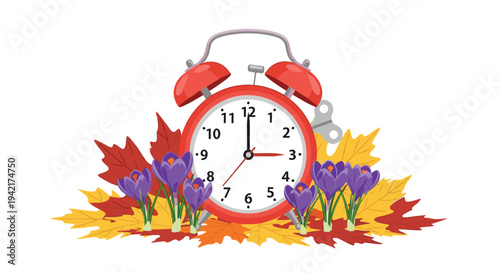 A classic red alarm clock with a winding key is surrounded by blooming purple crocuses and scattered autumn maple leaves.