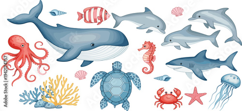 Realistic ocean animals vector collection with whale dolphins shark turtle octopus seahorse crab coral and jellyfish illustration set