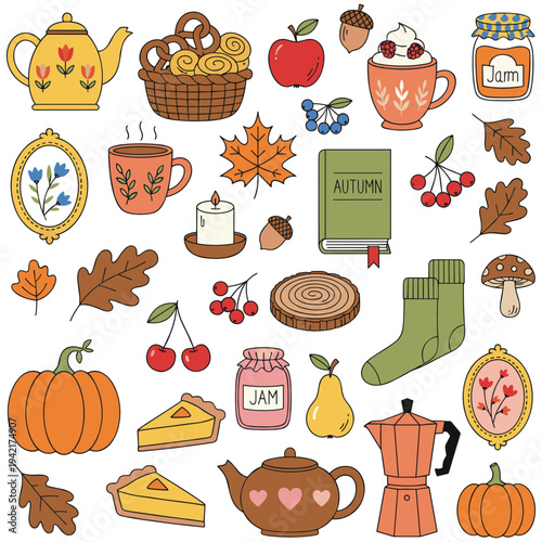 Autumn doodle vector collection with cozy elements and fall season items