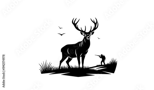 Deer hunting silhouette with hunter and stag wildlife vector illustration isolated on white background