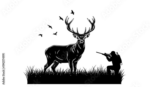 Wild deer hunting silhouette vector illustration stag wildlife outdoor scene isolated on white