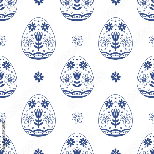 Seamless Scandinavian folk Easter eggs pattern in blue outline line art style. Nordic folk vector background. 