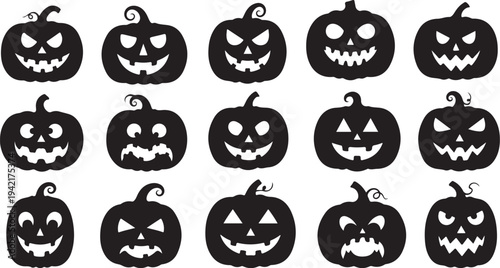 Collection of various spooky Halloween pumpkin faces illustrations