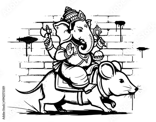 Lord Ganesha sitting on mouse vahana in front of brick wall black and white line art