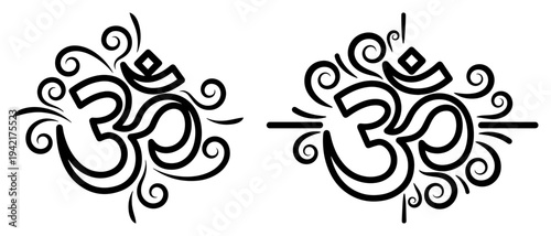 Om spiritual symbols with decorative swirl patterns for yoga and meditation design