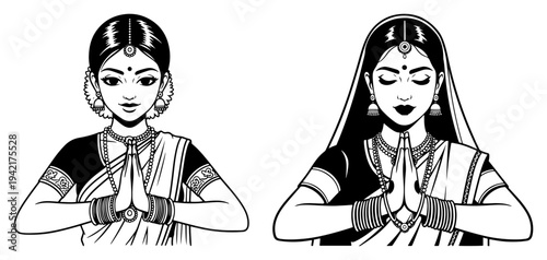 Indian women performing namaste greeting gesture in traditional saree clothing in black and white line art style