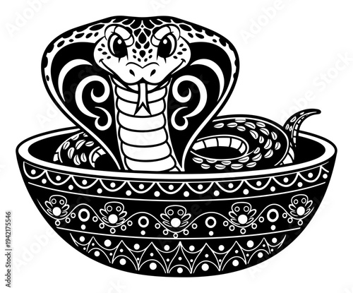 Cobra snake rising from decorated bowl with ethnic patterns in hand drawn vector style