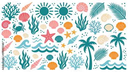 Ocean elements collection with seashells, coral, sun, palm trees, and crab