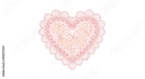 A delicate pink heart-shaped lace design with intricate floral and scroll patterns is centered on a white background.