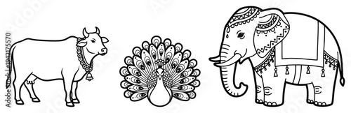 Indian sacred cow peacock and decorated elephant set in thin black line art style
