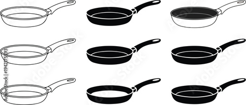 Minimal frying pan icon set with outline silhouette and nonstick pan styles vector illustration collection