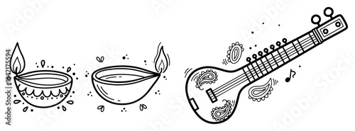 Veena musical instrument and traditional diwali oil lamps in hand drawn doodle style