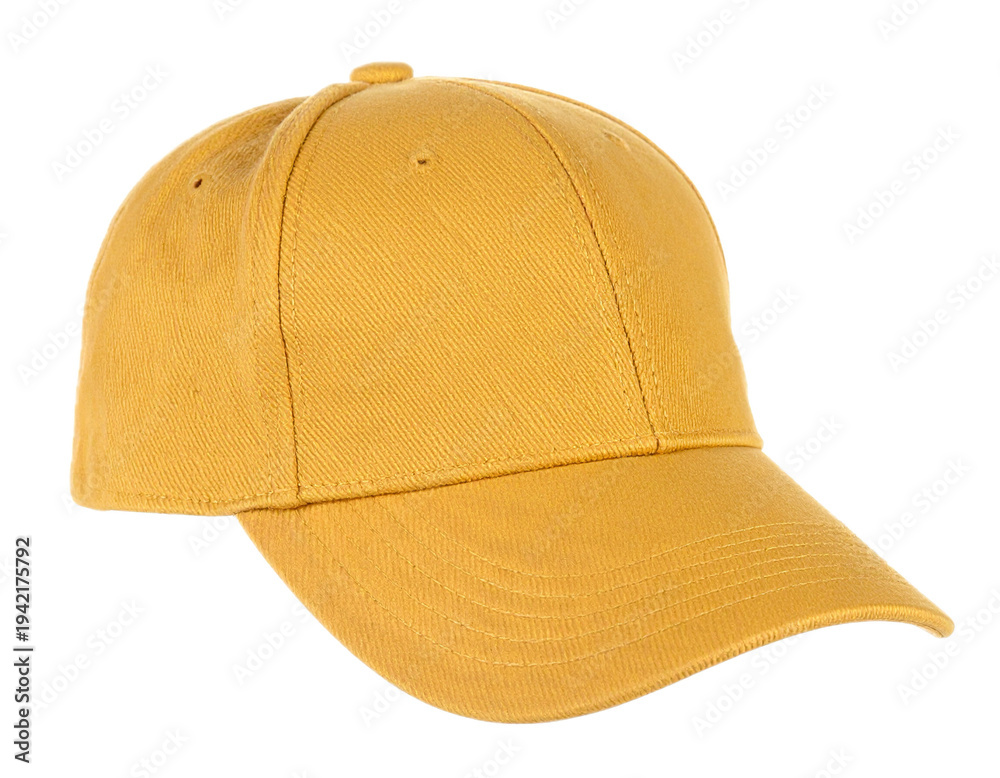 Fototapeta premium Mustard yellow trucker hat isolated on white, casual headwear for sports and outdoor activities
