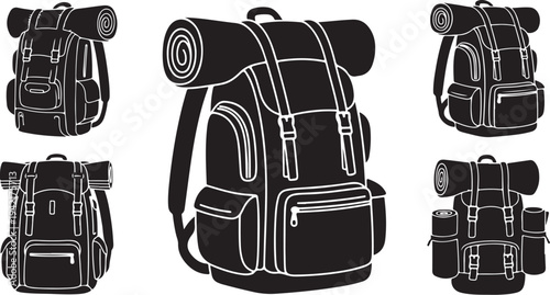 Black backpack with rolled mat and multiple views shown